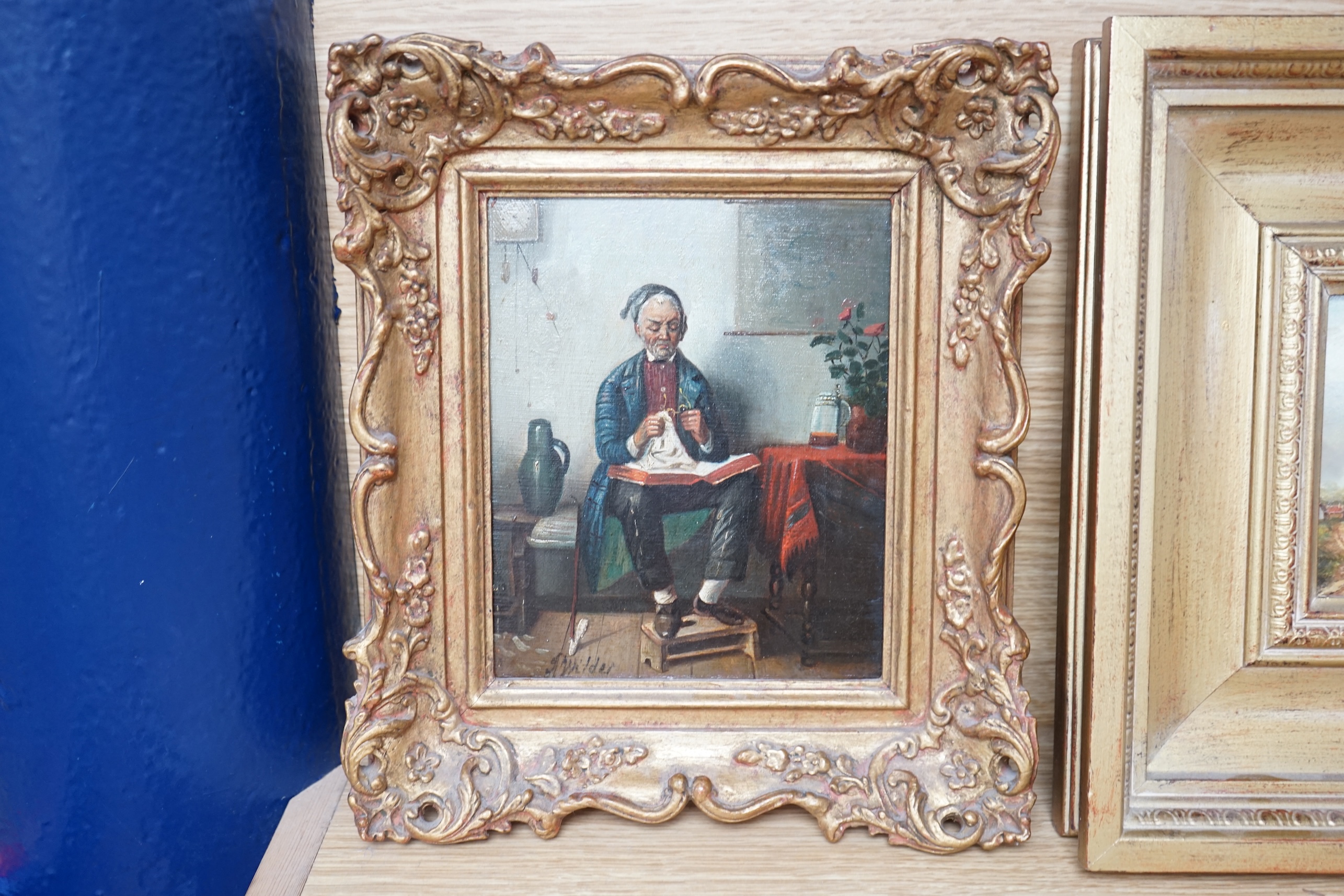 J. Wilder, oil on canvas, Interior of seated figure cleaning his glasses, a large book on his lap, signed, 19 x 15cm, ornate gilt frame. Condition - good